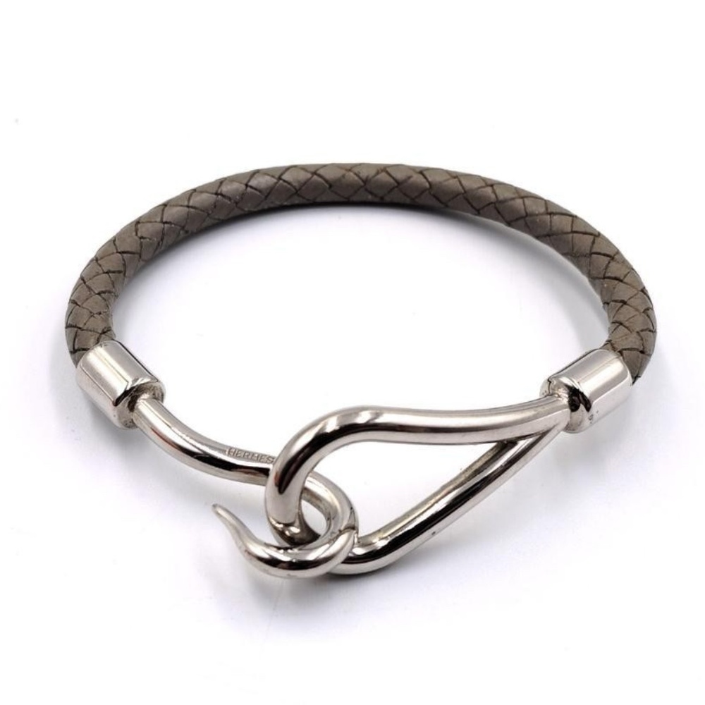 Hermès Braided Leather Jumbo Hook Bracelet – Gray – 7”